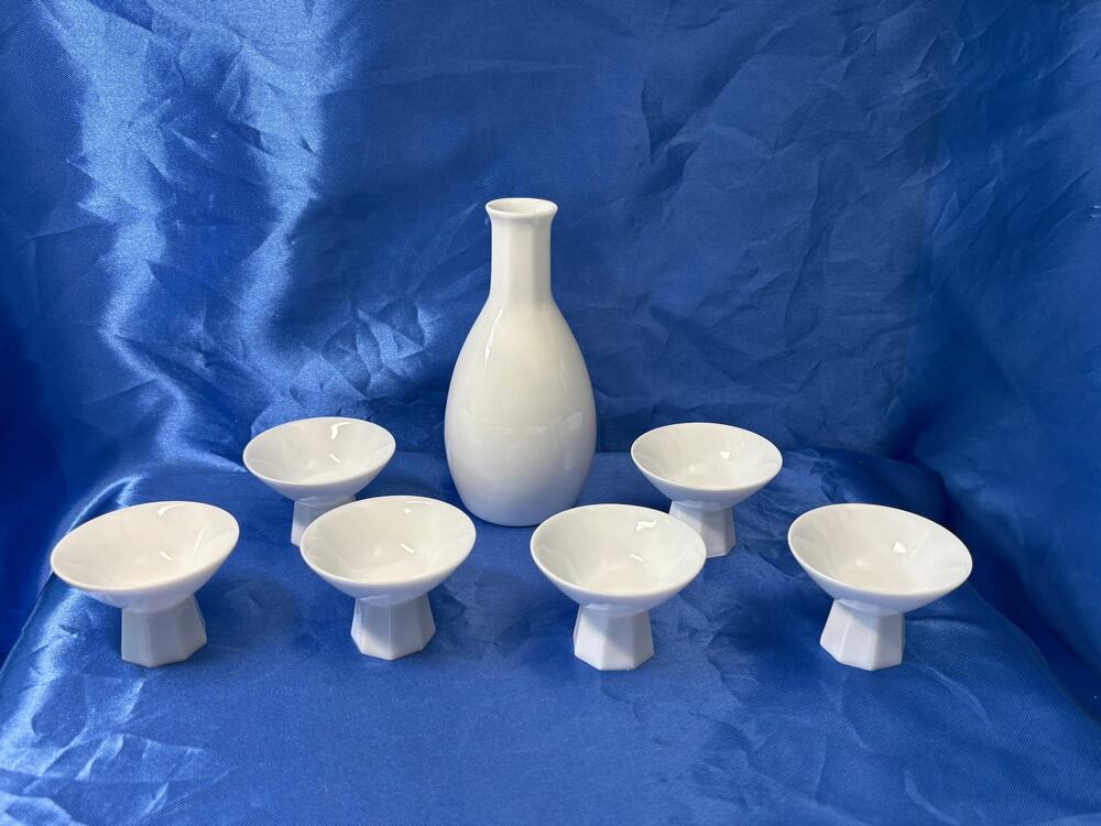 Vintage White Porcelain Boxed Saki Set with Six Saki Cups